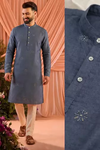 Grey festive wear linen cotton heavy embroidery men's kurta