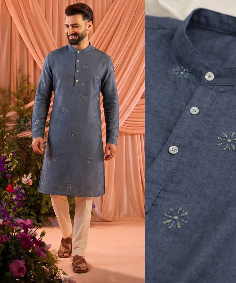 Grey festive wear linen cotton heavy embroidery men's kurta