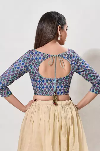 women's printed padded front-open elbow-length-sleeves saree blouse