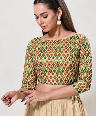 women's printed padded front-open elbow-length-sleeves saree blouse 1