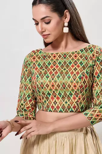 women's printed padded front-open elbow-length-sleeves saree blouse