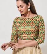 women's printed padded front-open elbow-length-sleeves saree blouse