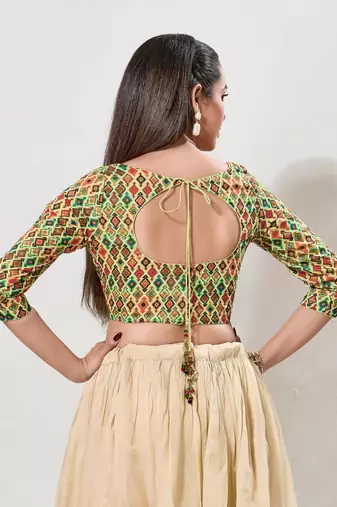 women's printed padded front-open elbow-length-sleeves saree blouse