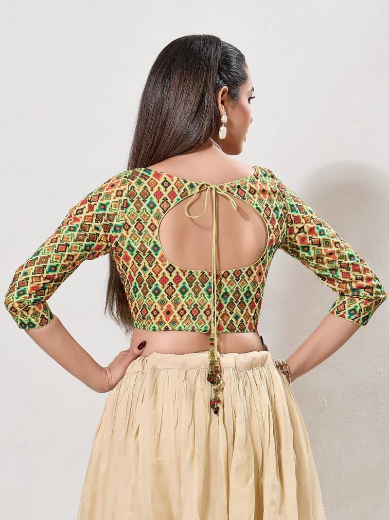 women's printed padded front-open elbow-length-sleeves saree blouse