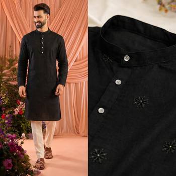Black traditional wedding linen cotton embroidered men's kurta 4