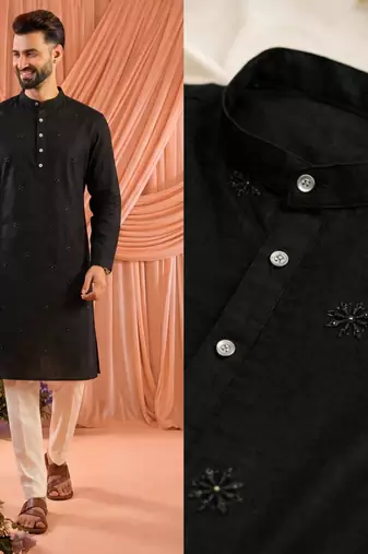 Black traditional wedding linen cotton embroidered men's kurta