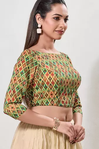 women's printed padded front-open elbow-length-sleeves saree blouse