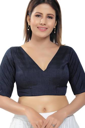 women's silk blend  padded back open elbow-sleeves saree blouse