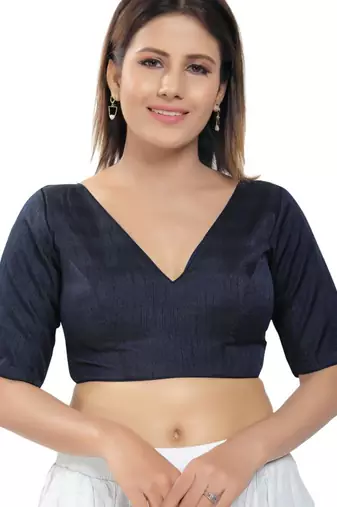 women's silk blend  padded back open elbow-sleeves saree blouse