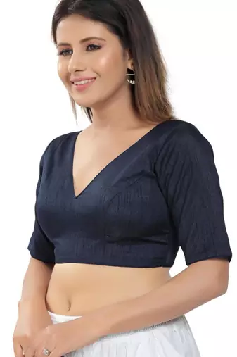 women's silk blend  padded back open elbow-sleeves saree blouse