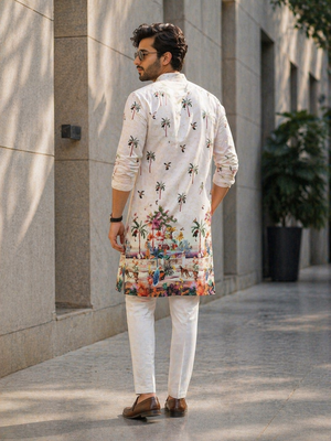 Multicolor carnival special cotton heavy crochet sequins digital printed men's kurta 3