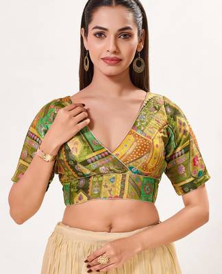 women's brocade padded back open elbow-sleeves saree blouse 1
