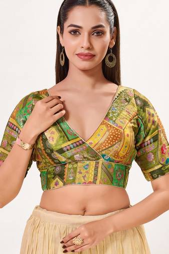 women's brocade padded back open elbow-sleeves saree blouse