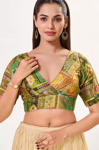 women's brocade padded back open elbow-sleeves saree blouse