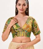 women's brocade padded back open elbow-sleeves saree blouse