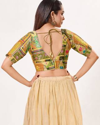 women's brocade padded back open elbow-sleeves saree blouse 2