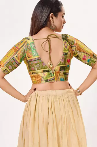 women's brocade padded back open elbow-sleeves saree blouse