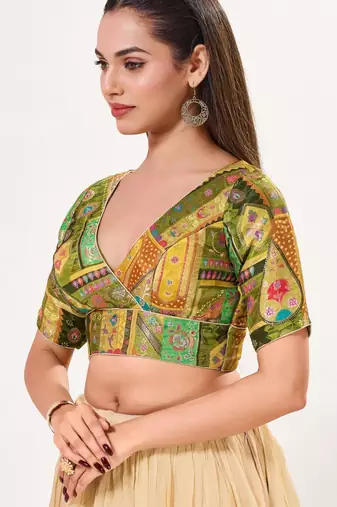 women's brocade padded back open elbow-sleeves saree blouse