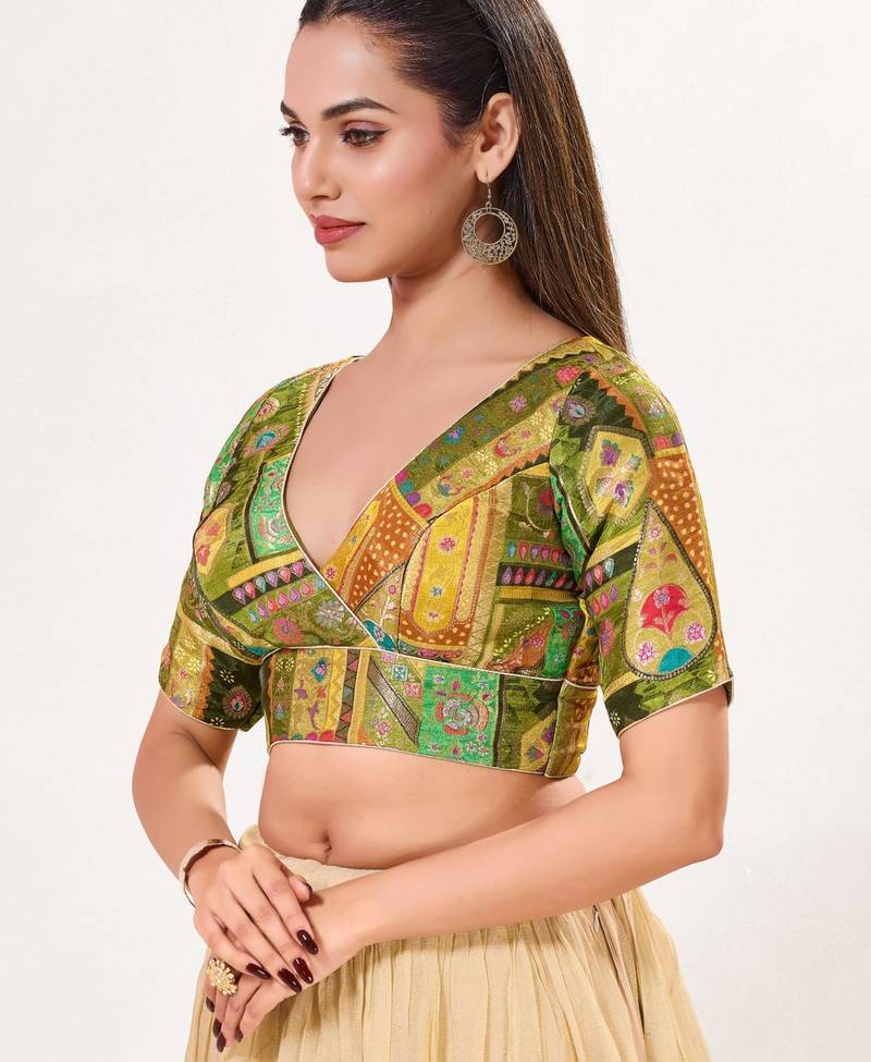 women's brocade padded back open elbow-sleeves saree blouse