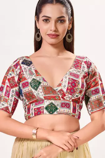 women's brocade padded back open elbow-sleeves saree blouse
