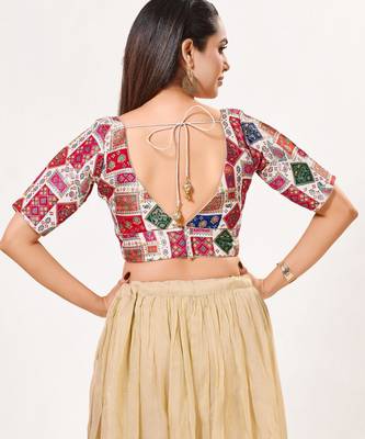 women's brocade padded back open elbow-sleeves saree blouse 2