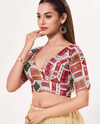 women's brocade padded back open elbow-sleeves saree blouse 3