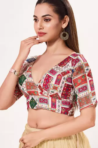 women's brocade padded back open elbow-sleeves saree blouse