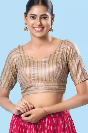 women's brocade padded back open elbow-sleeves saree blouse