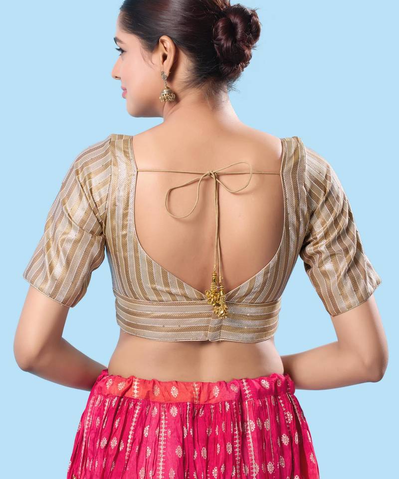 women's brocade padded back open elbow-sleeves saree blouse