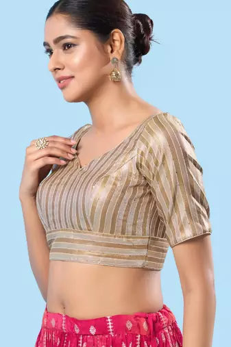 women's brocade padded back open elbow-sleeves saree blouse