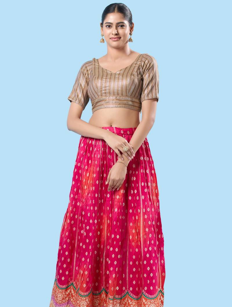 women's brocade padded back open elbow-sleeves saree blouse