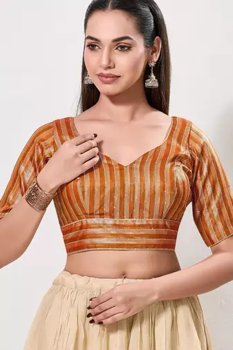 women's brocade padded back open elbow-sleeves saree blouse