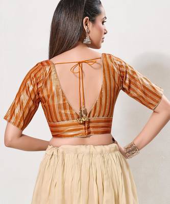 women's brocade padded back open elbow-sleeves saree blouse 2