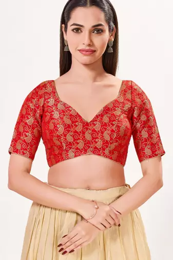 women's silk blend  padded back open elbow-sleeves saree blouse