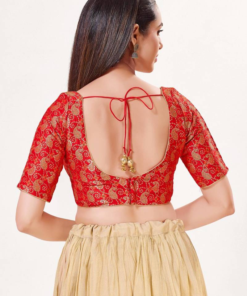 women's silk blend  padded back open elbow-sleeves saree blouse