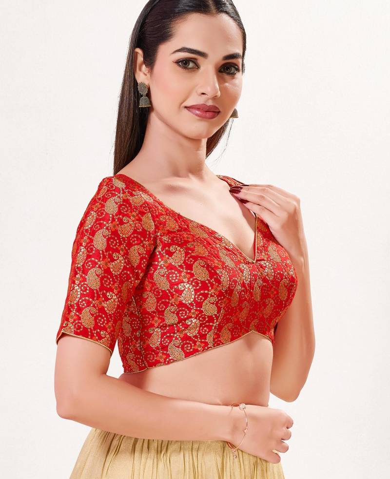 women's silk blend  padded back open elbow-sleeves saree blouse