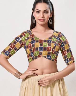 women's jain silk blend  padded back open elbow-sleeves saree blouse 1