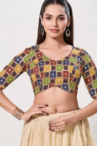 women's jain silk blend  padded back open elbow-sleeves saree blouse