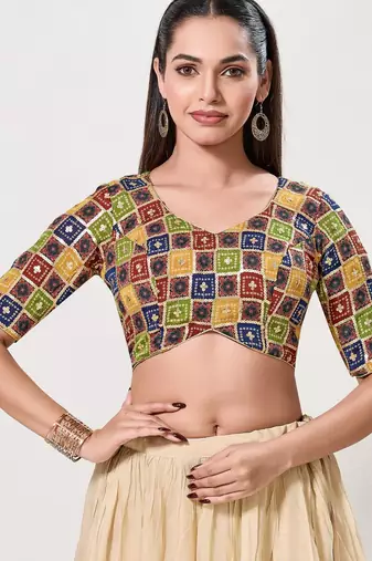 women's jain silk blend  padded back open elbow-sleeves saree blouse
