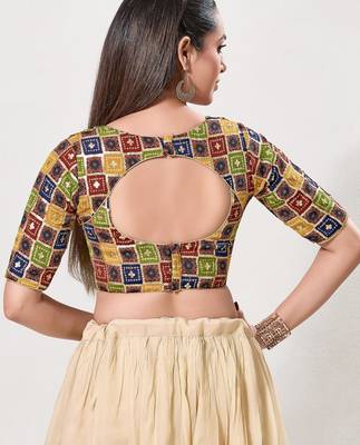 women's jain silk blend  padded back open elbow-sleeves saree blouse 2