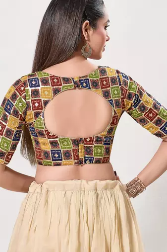 women's jain silk blend  padded back open elbow-sleeves saree blouse