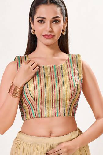 women's embroidery-net padded back-open sleeveless saree blouse