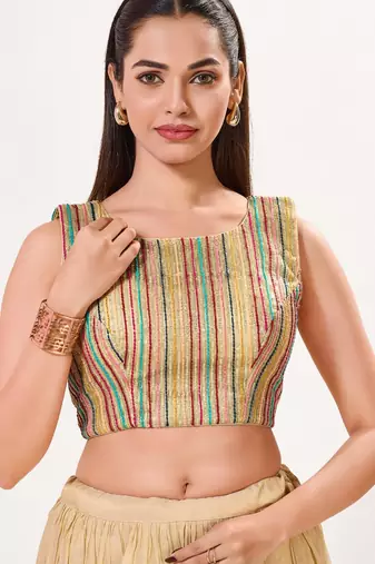 women's embroidery-net padded back-open sleeveless saree blouse