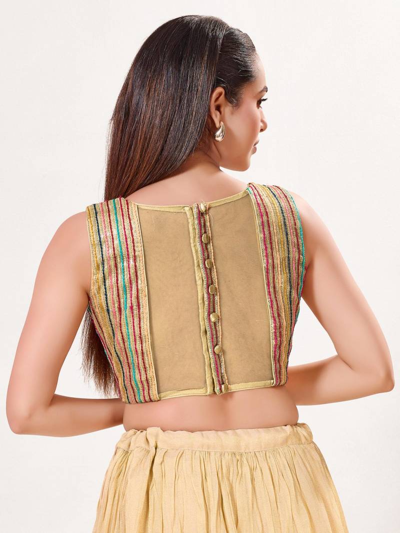 women's embroidery-net padded back-open sleeveless saree blouse