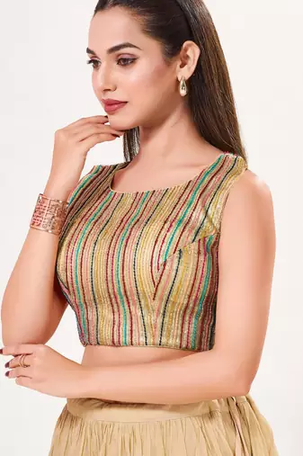 women's embroidery-net padded back-open sleeveless saree blouse