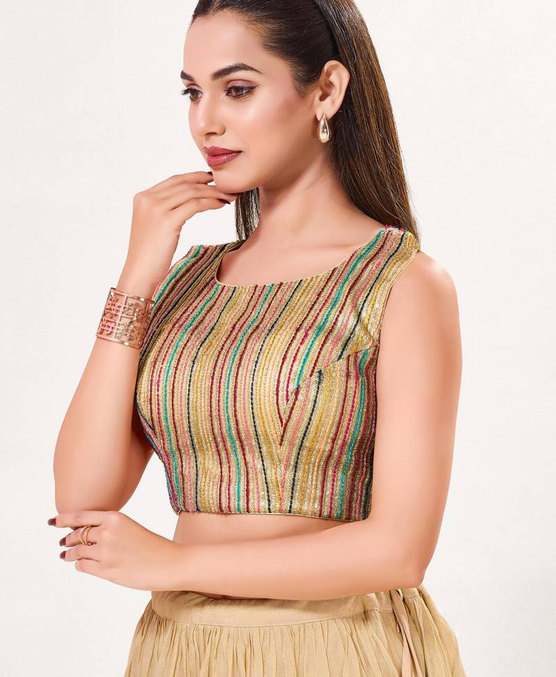 women's embroidery-net padded back-open sleeveless saree blouse