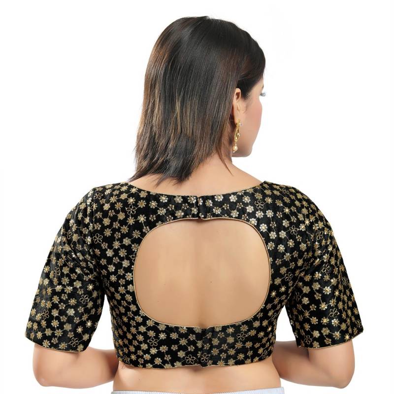 women's dupion silk blend  padded back open elbow-sleeves saree blouse