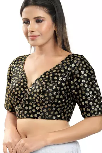 women's dupion silk blend  padded back open elbow-sleeves saree blouse