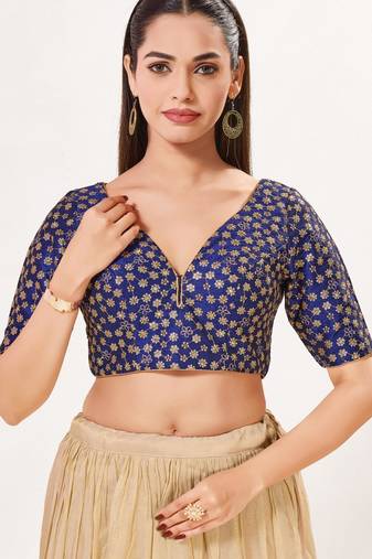 women's dupion silk blend  padded back open elbow-sleeves saree blouse