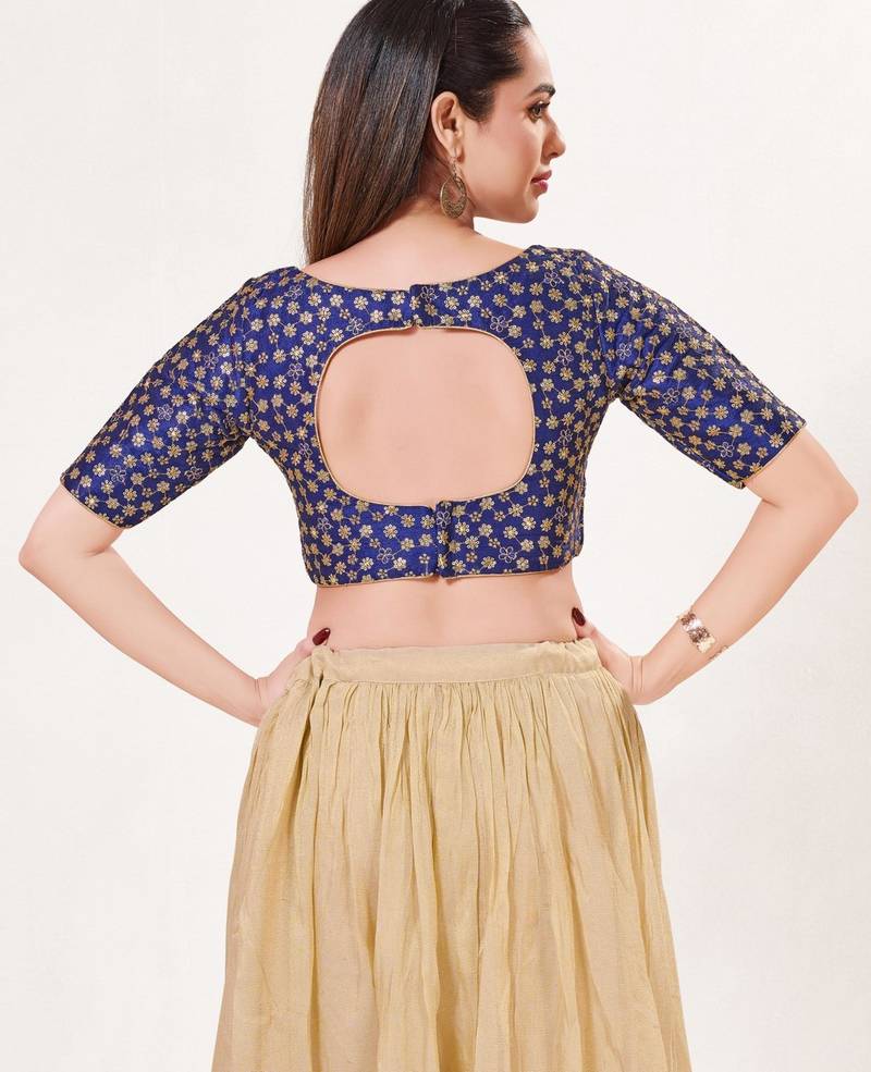 women's dupion silk blend  padded back open elbow-sleeves saree blouse